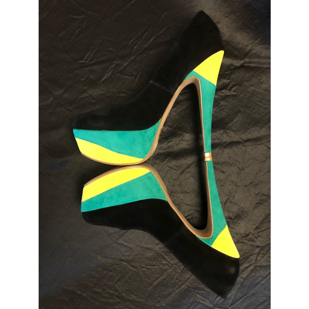 Qupid - Platform Stiletto  Colour-block Black, Green, Yellow Faux Suede …